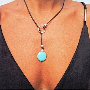 Boho Turquoise Y Lariat Necklace, Leather Bohemian, Tribal, Hippy